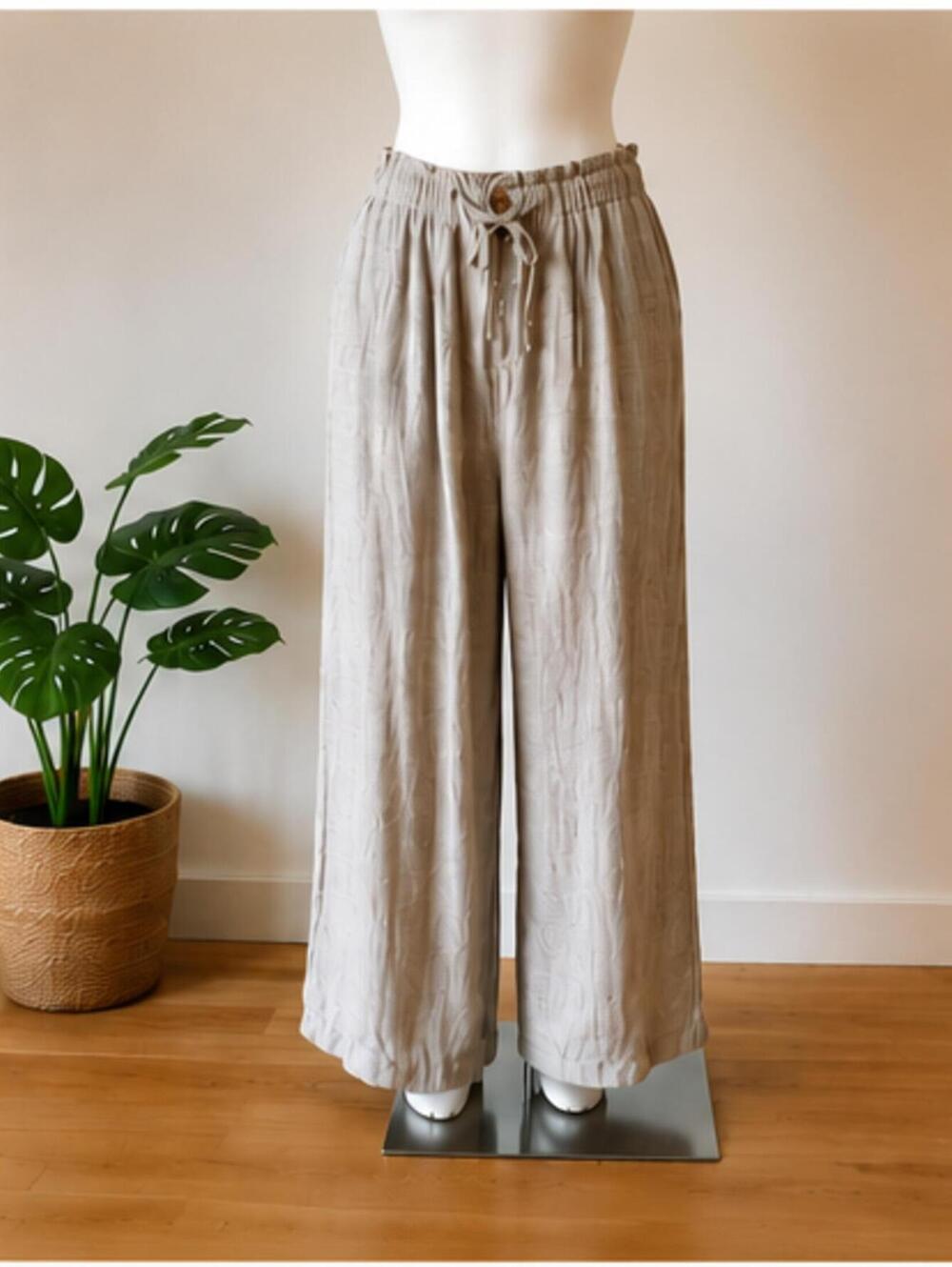 Thread & Supply Linen Blend Wide Leg Pants Elastic Drawstring Waist Beige - L